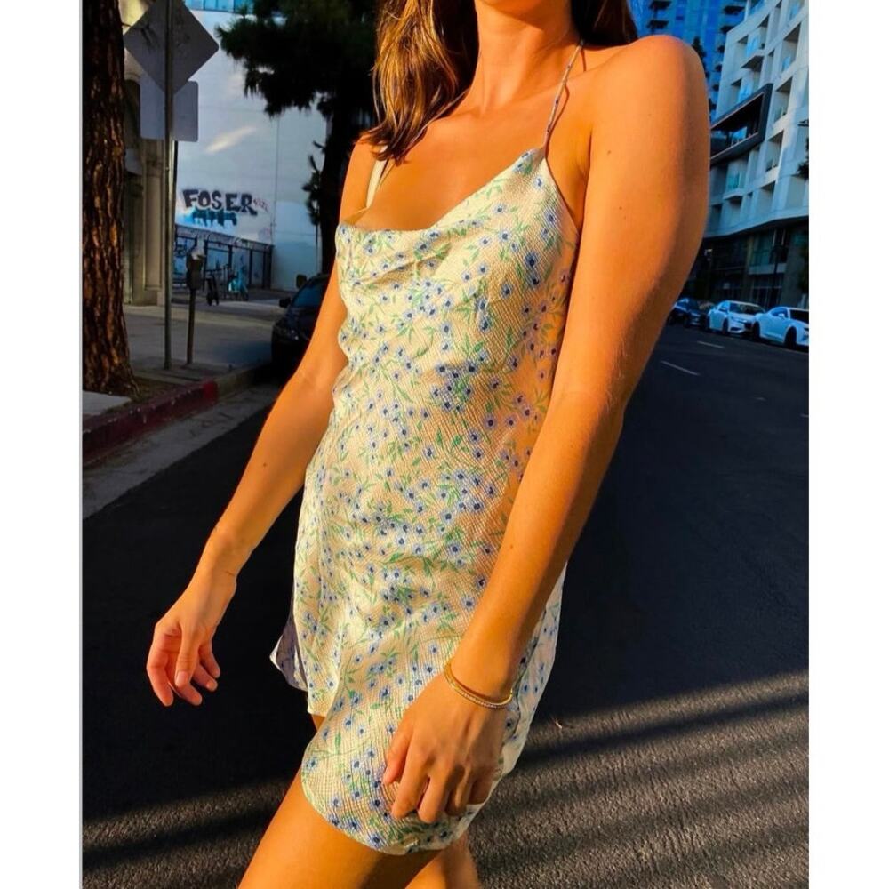 Zara Yellow Blue Floral Silk Satin Cowl Sleeveless Camisole  Mini Dress Size XS - Picture 2 of 7